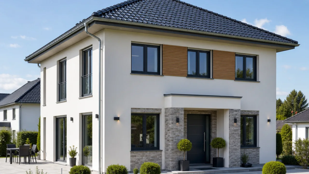 Prefab-house preview in the configurator: town villa with hip roof as a photorealistic visualisation
