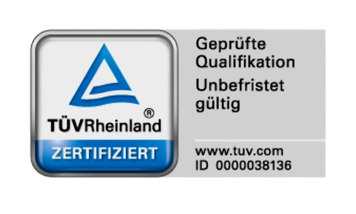 TÜV Rheinland CERTIFIED – verified qualification, ID 0000038136