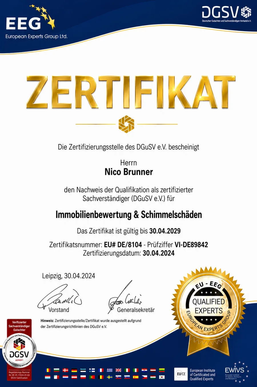 DGSV certificate: our expert, a certified specialist in property valuation and mould damage DGSV certificate: our expert, a certified specialist in property valuation and mould damage