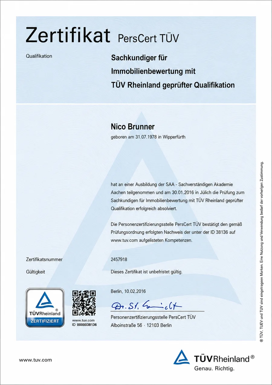PersCert TÜV certificate: our expert, a qualified property-valuation specialist with a TÜV Rheinland-certified qualification PersCert TÜV certificate: our expert, a qualified property-valuation specialist with a TÜV Rheinland-certified qualification