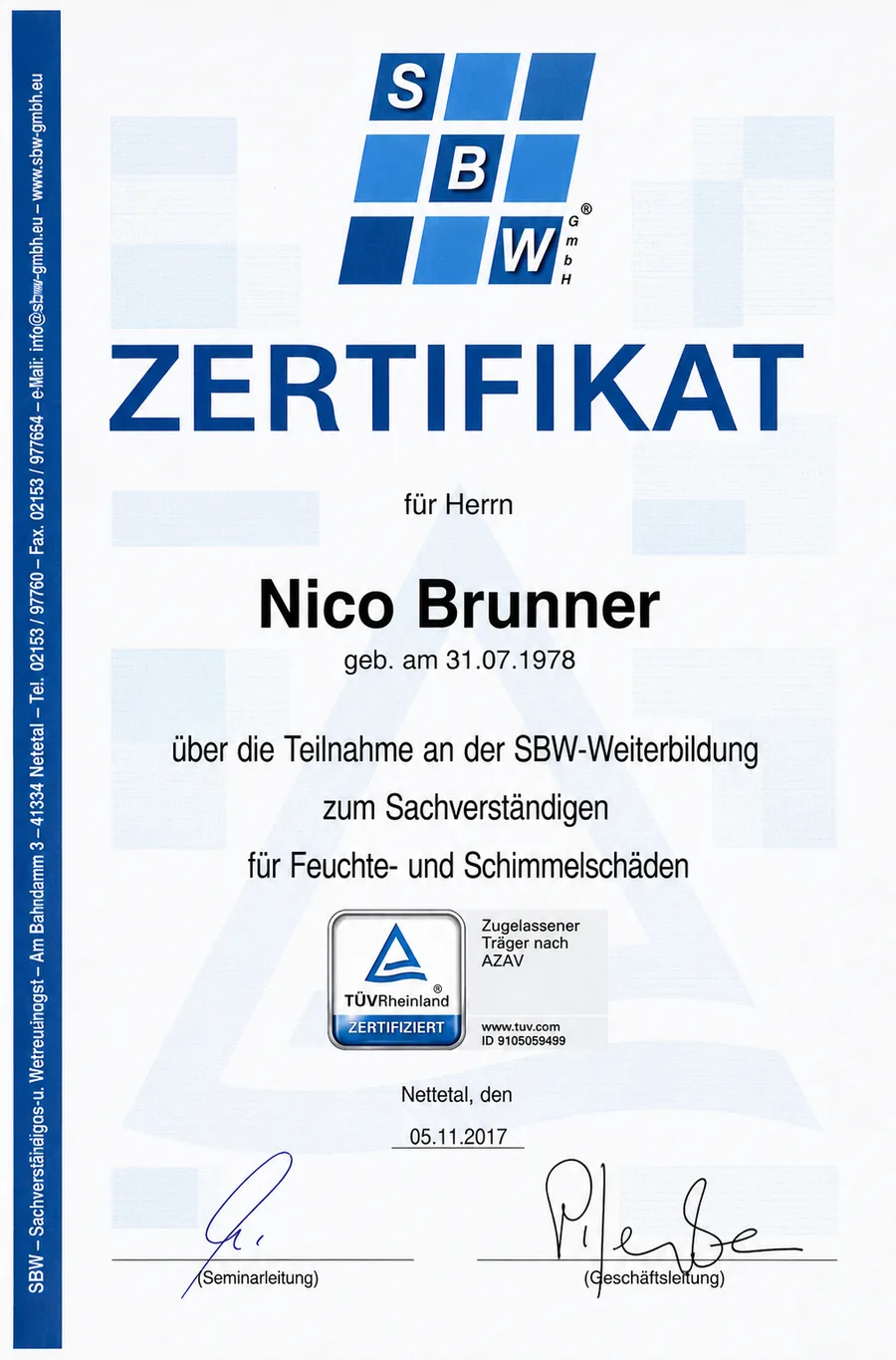 SBW certificate: our expert in damp and mould damage SBW certificate: our expert in damp and mould damage