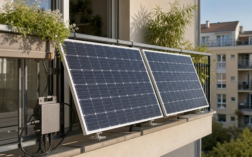 Balcony power plant: solar power for tenants too Balcony power plant on the railing of an apartment building — plug-in solar system with micro-inverter for tenants