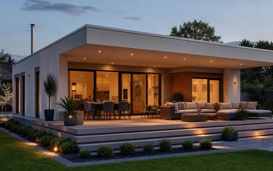 Turnkey bungalow: single-storey living Modern turnkey bungalow with a flat roof, large terrace and garden – single-storey living in a prefabricated house bungalow