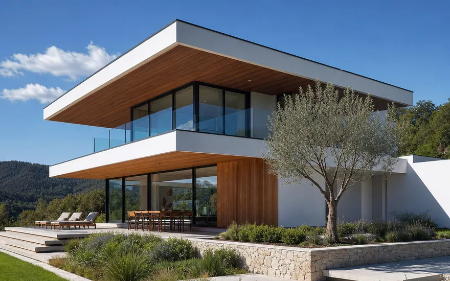 Design prefabricated house in Bauhaus style with a flat roof Design prefabricated house in Bauhaus style: white cubic architecture with timber accents and a cantilevered flat roof