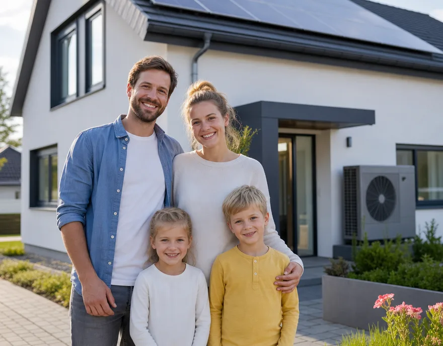 Young family with two children in front of their new energy-efficient prefab house with photovoltaics on the roof and a heat pump by the entrance