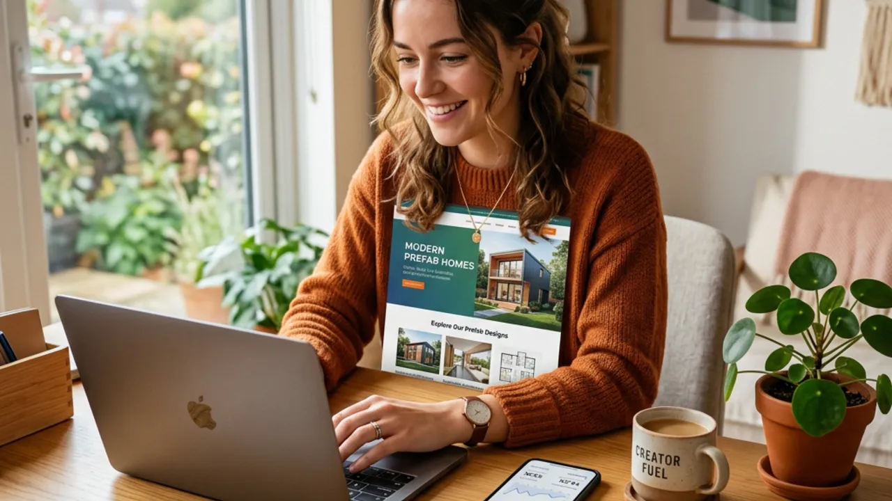 Content creator promoting the prefab house affiliate programme on a laptop — partner programme on a performance basis for webmasters and influencers