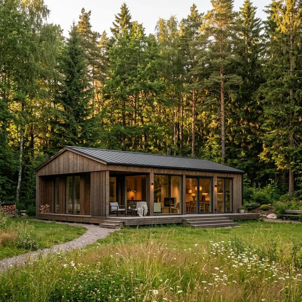 Building a prefabricated house at the forest edge: living with a view into the forest Modern prefabricated house at the forest edge with large glass fronts and a view into the green forest – building a prefabricated house at the forest edge 2026
