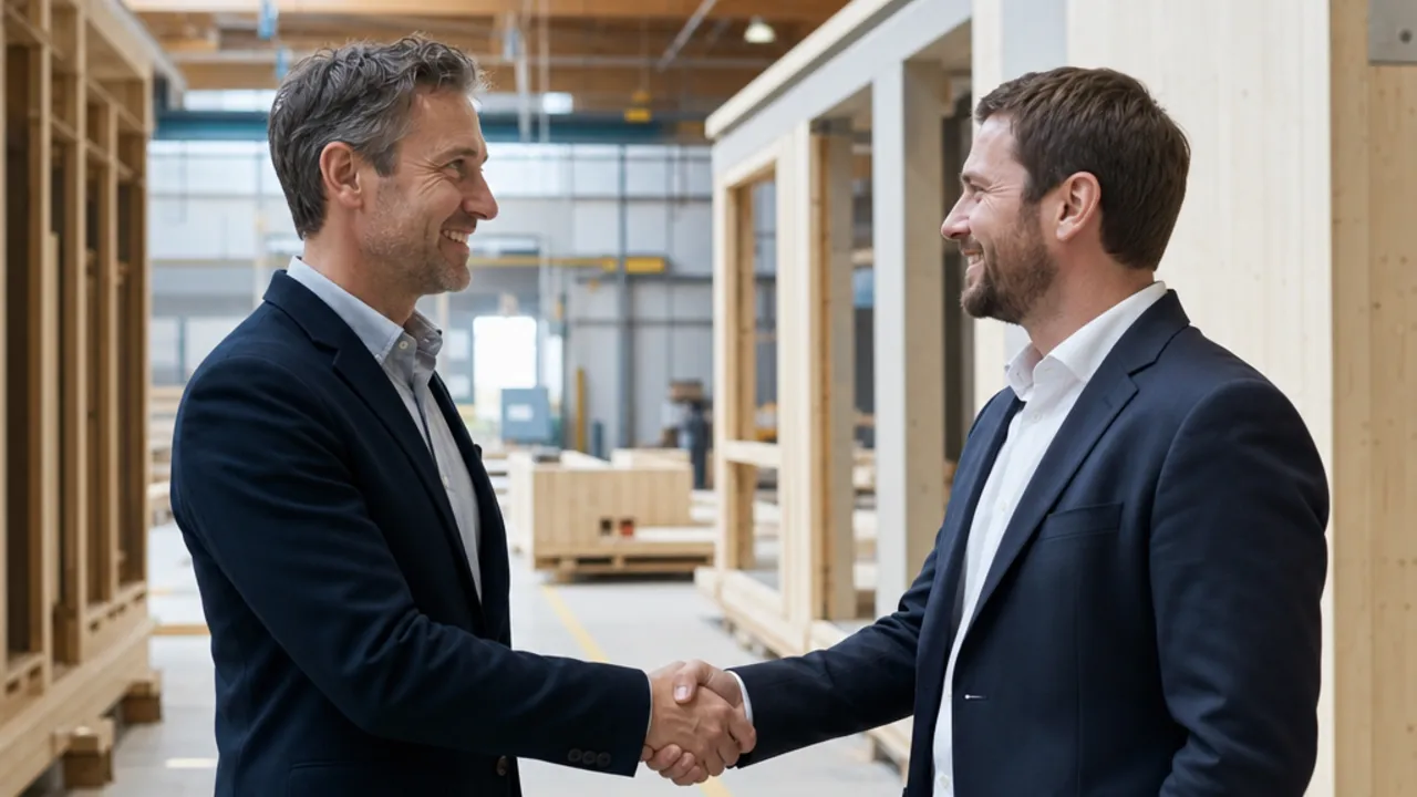Cooperation between prefab house manufacturer and portal Prefab house manufacturer cooperation: business partners shaking hands in a modern timber-frame construction factory hall