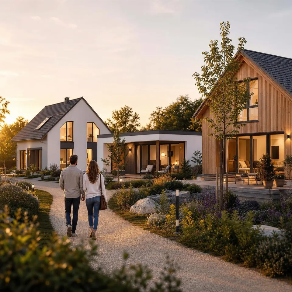 Show-home park with modern prefab houses from different German manufacturers – detached family house, bungalow and timber house in the evening light