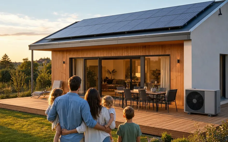 Prefabricated house with air conditioning and photovoltaics ex works Prefabricated new build with a photovoltaic roof and air conditioner outdoor unit beside the terrace – cooling planned in from the start
