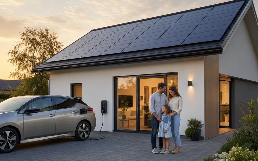 Prefabricated house with photovoltaics, storage and wallbox straight from the factory New prefabricated house with a full photovoltaic roof and a wallbox for the EV — solar system planned in from the start