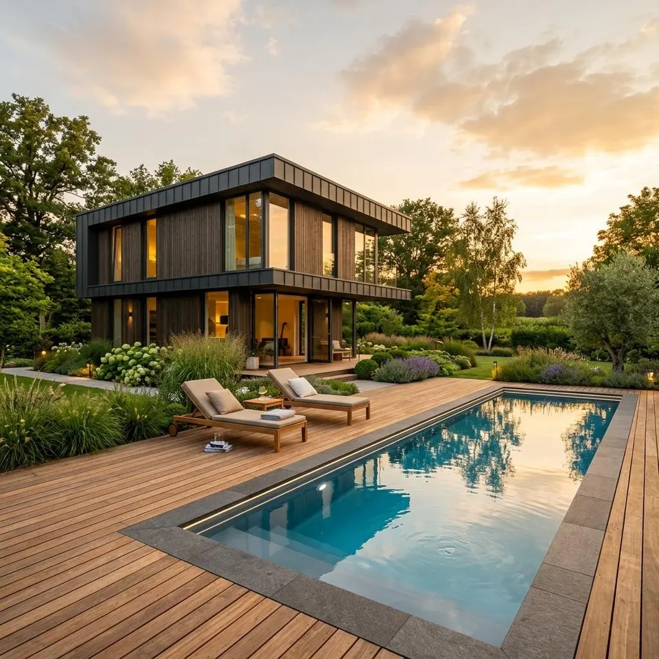 Prefabricated house with a garden pool: plan the swimming pool in with the new build Modern prefabricated house with a rectangular swimming pool in the garden, wooden terrace and sun loungers in evening light – prefabricated house with pool 2026