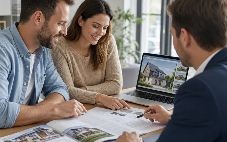 Comparing prefab house prices: putting catalogues, offers and specifications side by side Couple discussing prefab house prices and house catalogues with an adviser – calculating a prefab house with price transparently