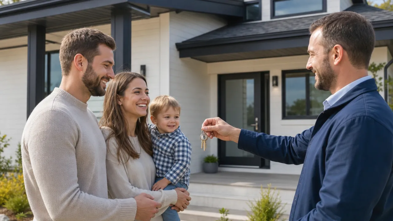 Building turnkey: handover of the ready-to-move-in prefabricated house Handing over the keys in front of the new turnkey prefabricated house – family receiving the keys from the building partner
