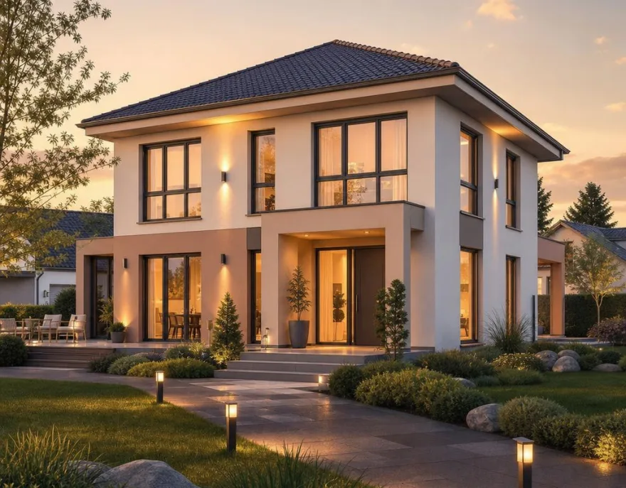Elegant prefab city villa (Stadtvilla) with a hipped roof, two full storeys and large glazed fronts at dusk
