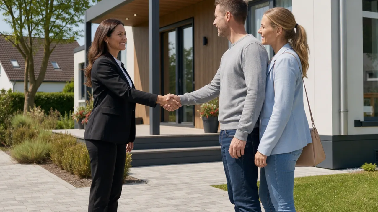 Prefab house sales partner at a customer meeting at the show house Becoming a sales partner in prefab house sales: an agent greets prospective builders with a handshake in front of a modern show house