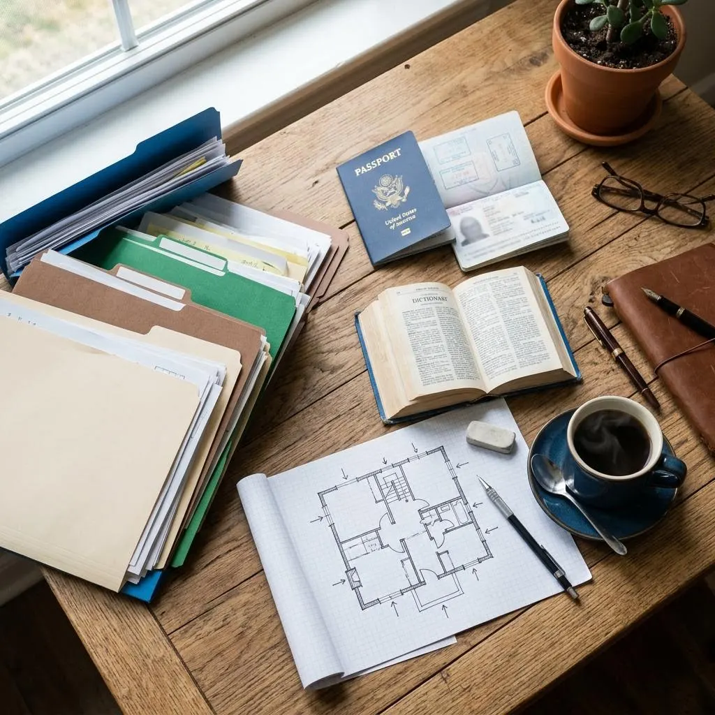 A tidy desk with the passport, income statements and contracts a foreign buyer gathers before building in Germany.