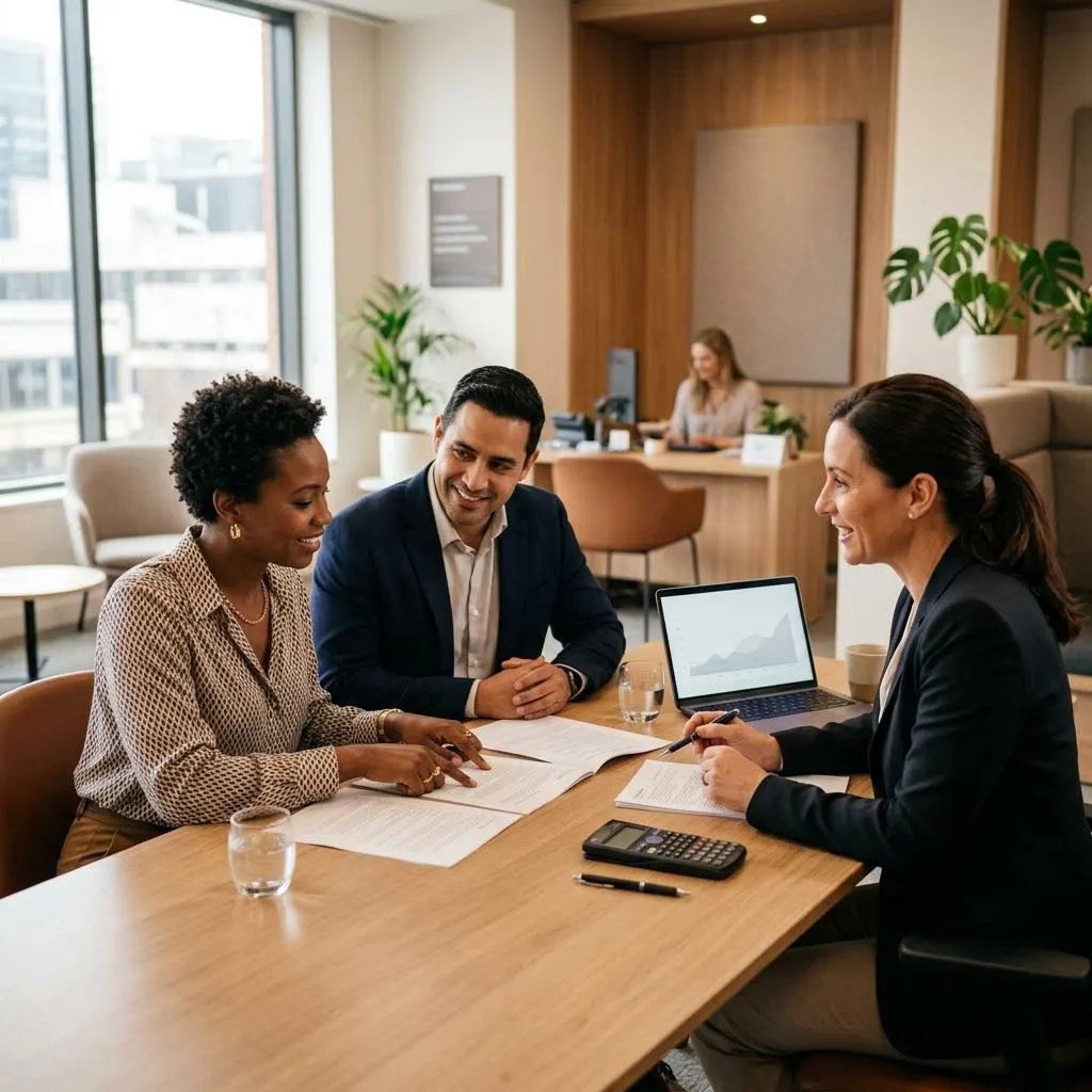 A mortgage adviser explaining loan documents to an international couple at a desk in Germany.