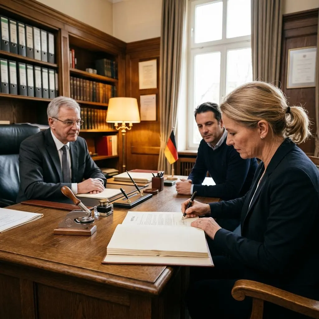 A buyer signing a property deed across a table from a notary during a German notary appointment.
