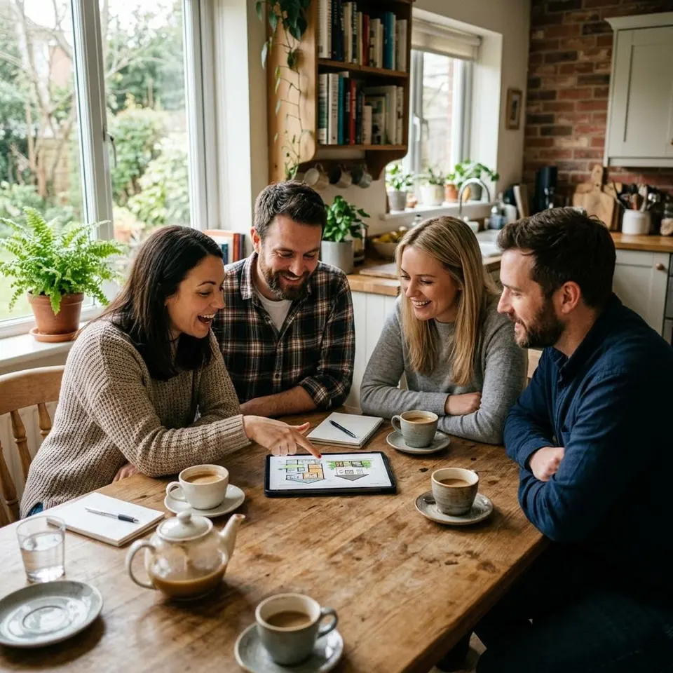 Personal referral: friends compare prefabricated house quotes together Two couples sitting at the kitchen table looking together at a tablet with prefabricated house quotes – a personal referral among friends