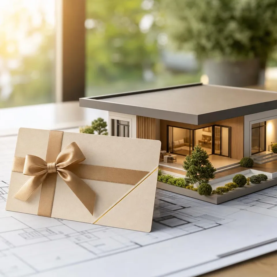 Voucher next to a bungalow model house and floor plan – planning voucher for a bungalow and detached family house