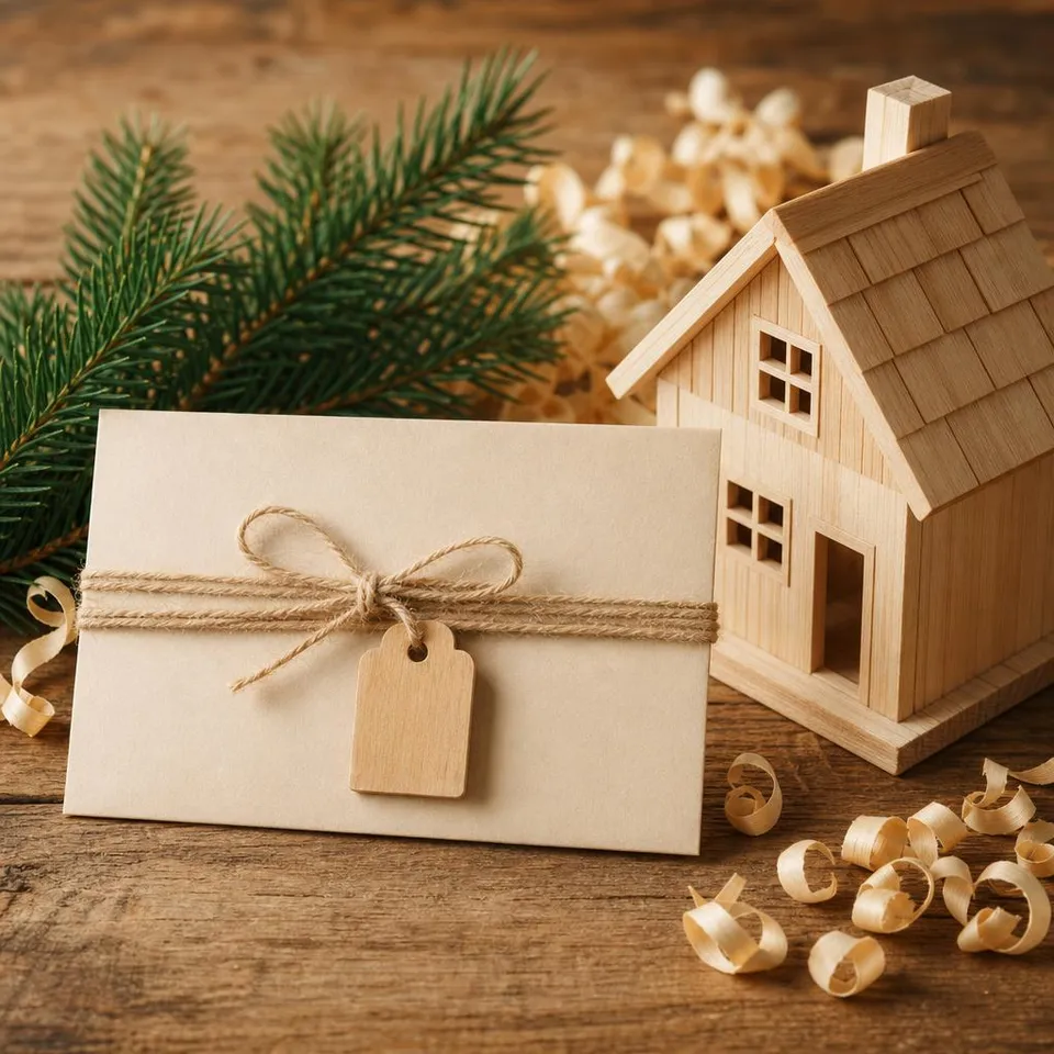 Voucher with natural twine next to a light-timber house model – fit-out voucher for a timber prefab house