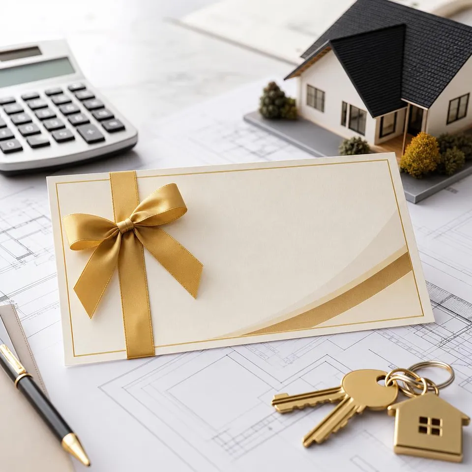 Voucher on a cost plan with a calculator, house keys and a model house – voucher for cost and budget consulting for a prefab house