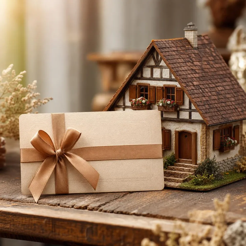 Voucher with a ribbon next to a country-style model house with shutters and flower boxes – style voucher for a country-style prefab house