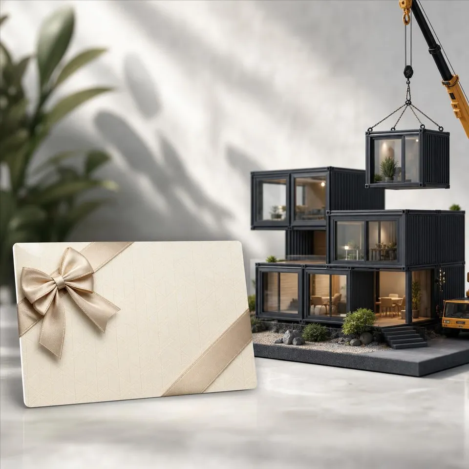 Voucher next to a model of a modern modular house with cubic modules – consulting voucher for a modular and container house