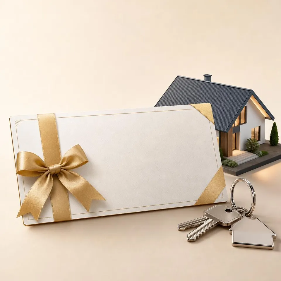 Voucher with a golden ribbon next to a model house and house keys – discount for a turnkey prefab house