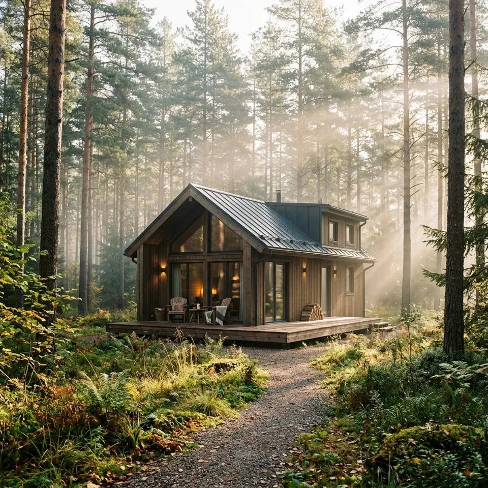 Building a house in the forest: timber house in a forest clearing Cosy timber house in a light forest clearing among tall pines in the morning light – building a house in the forest
