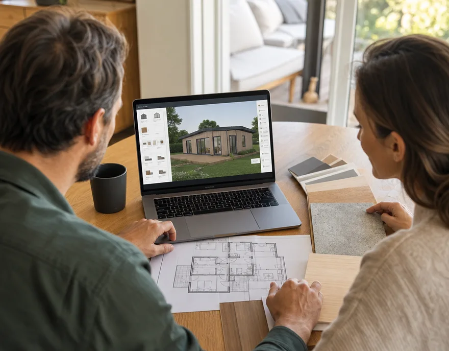 Couple planning their prefab house at the dining table: 3D configurator on a laptop, printed floor plans and timber material samples