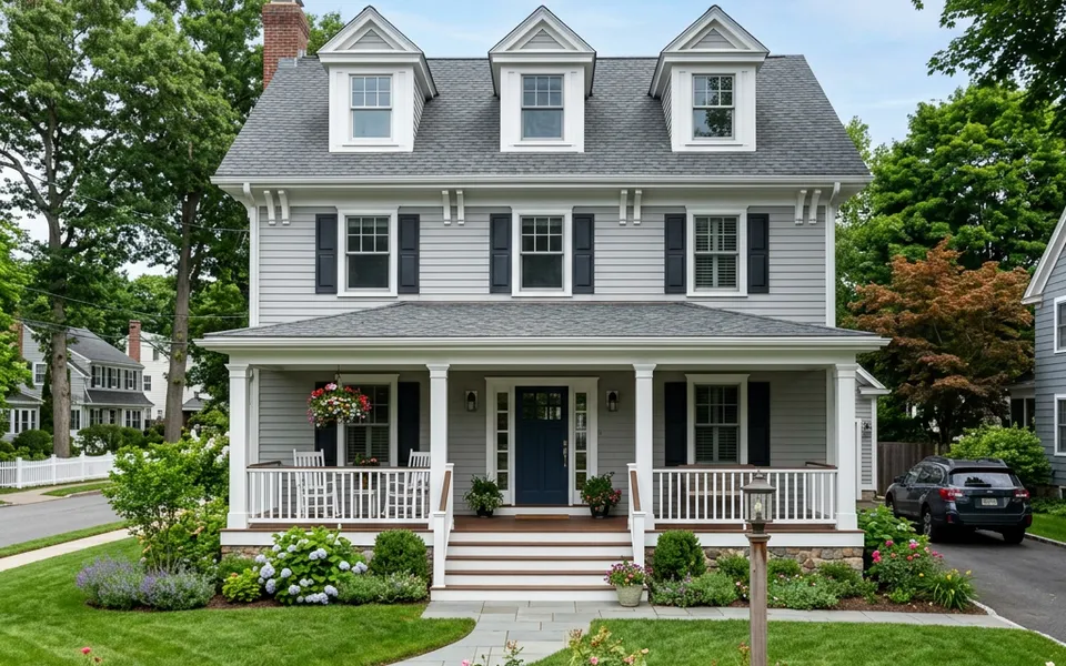 American-style house with a covered porch, white columns and gable dormers – prefabricated house in the US style 2026 American-style house with a covered porch, white columns and gable dormers – prefabricated house in the US style 2026