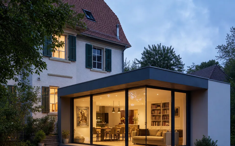 Modern flat-roof extension with a wide glass front extends an existing house towards the garden – modular extension with plannable costs 2026
