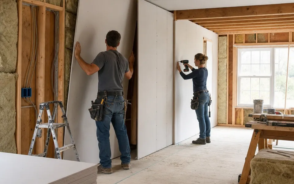Homebuilder couple installing drywall panels in the shell of their own shell-finished house – lowering construction costs through own labour 2026