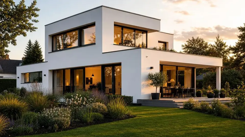 Cubic house in the Bauhaus style with a flat roof, white render and floor-to-ceiling glass areas – prefabricated house in the Bauhaus style 2026 Cubic house in the Bauhaus style with a flat roof, white render and floor-to-ceiling glass areas – prefabricated house in the Bauhaus style 2026