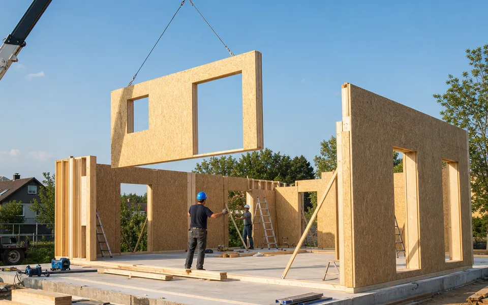 Self-builders placing prefabricated wall elements of a kit house onto the floor slab – the cheapest way into home ownership 2026