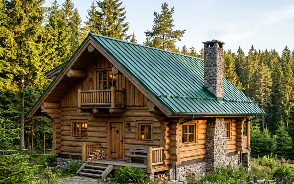 Log house made of solid round logs with a stone chimney at the edge of the forest – built close to nature and turnkey 2026 Log house made of solid round logs with a stone chimney at the edge of the forest – built close to nature and turnkey 2026