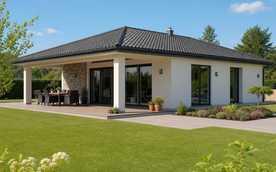 Single-level bungalow with a covered terrace, floor-to-ceiling windows and threshold-free access – barrier-free new build 2026