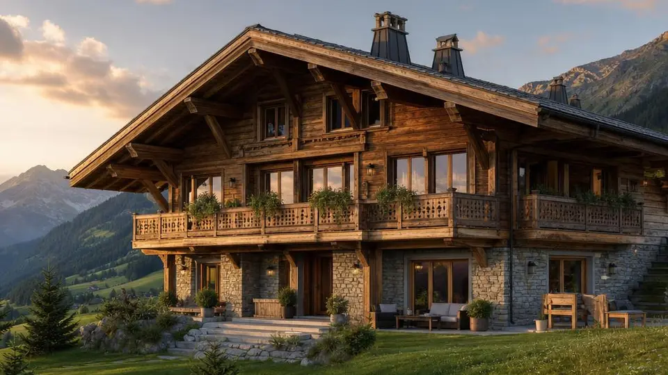 House in the chalet style with a shallow gable roof, a wide roof overhang, a wood facade and balconies against a mountain backdrop – prefabricated house 2026 House in the chalet style with a shallow gable roof, a wide roof overhang, a wood facade and balconies against a mountain backdrop – prefabricated house 2026