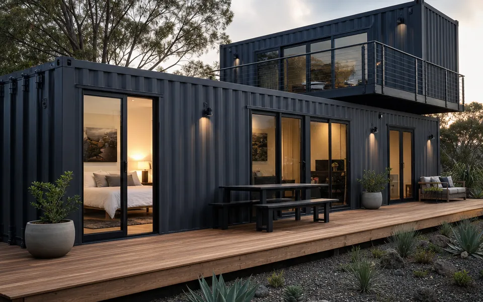 Container house with an anthracite corrugated-metal facade, a wooden deck and a sliding glass door in an industrial look – costs 2026