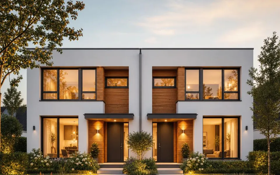 Modern semi-detached house with two mirror-image halves and separate entrances – construction costs per dwelling 2026