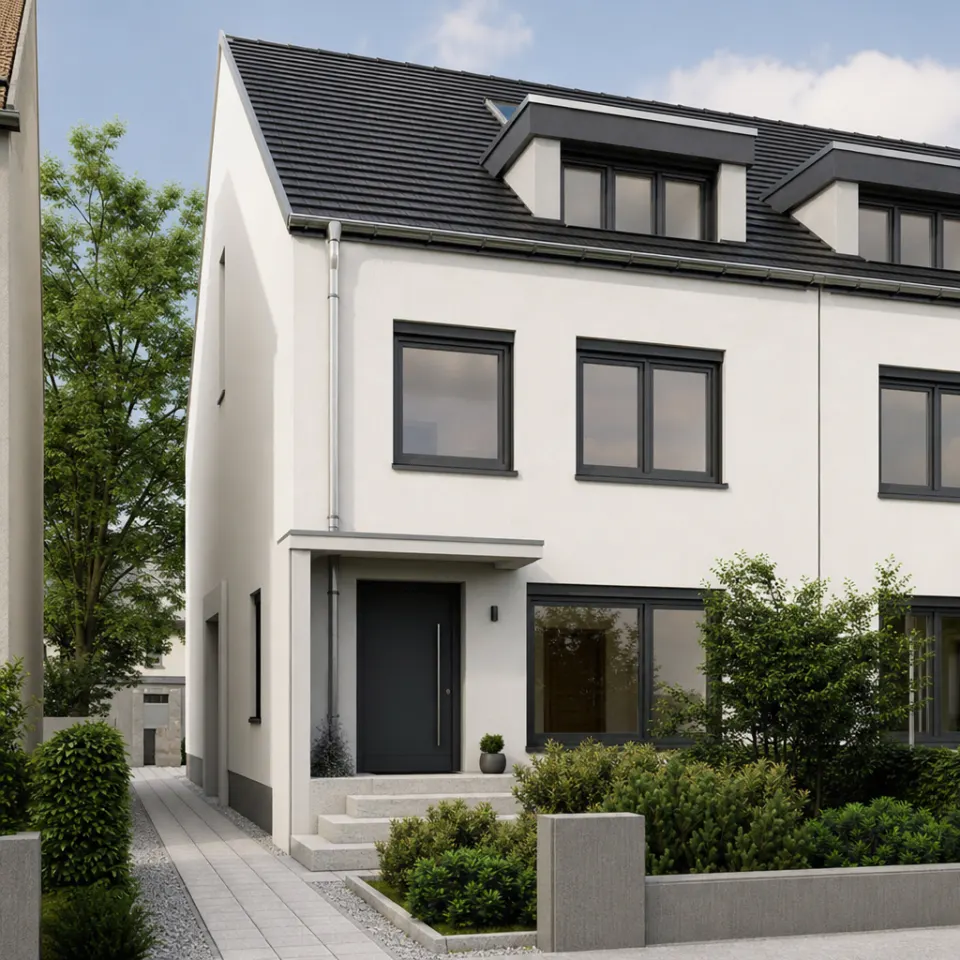 One half of a semi-detached house with its own entrance and front garden on a shared party wall – semi-detached half-house as a prefabricated house 2026 One half of a semi-detached house with its own entrance and front garden on a shared party wall – semi-detached half-house as a prefabricated house 2026