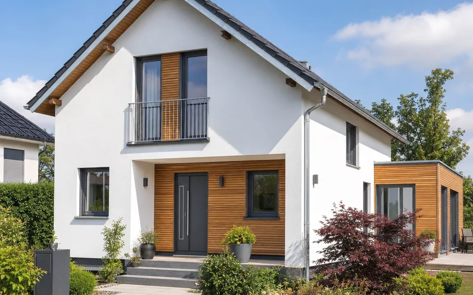 Free-standing detached house with a gable roof, light render and wood accents in a well-kept garden – new-build prices 2026