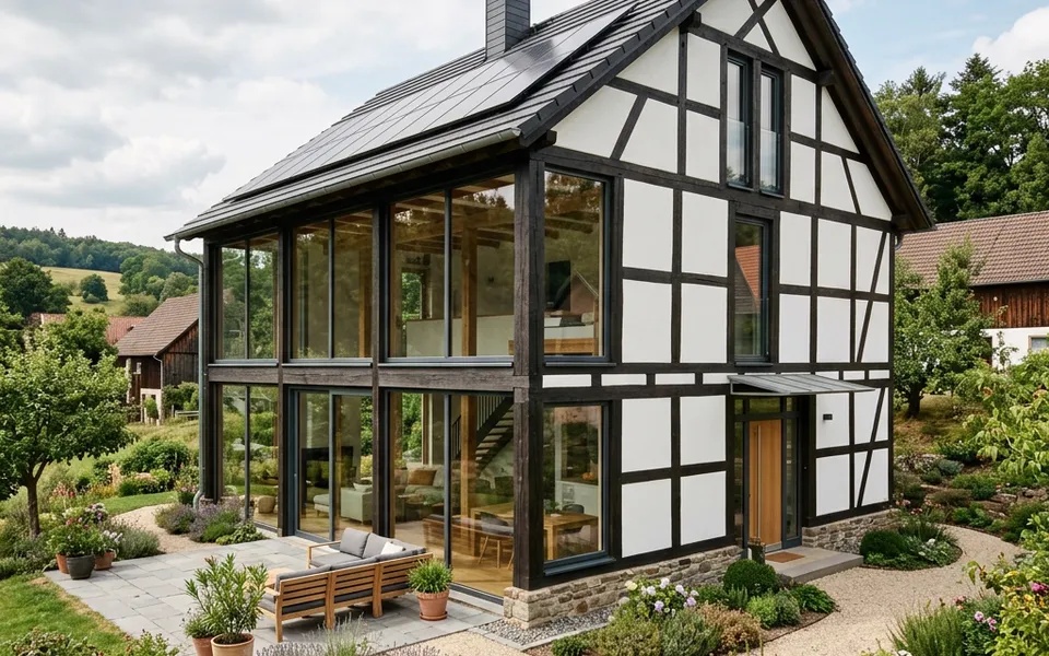 Modern half-timbered house with a dark oak skeleton, white infills and wide glass areas – half-timbered new build 2026 Modern half-timbered house with a dark oak skeleton, white infills and wide glass areas – half-timbered new build 2026