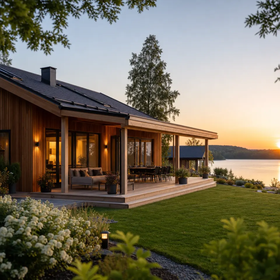 Compact holiday home in timber construction with a veranda and a gable roof at the edge of the forest – holiday home as a prefabricated house 2026 Compact holiday home in timber construction with a veranda and a gable roof at the edge of the forest – holiday home as a prefabricated house 2026