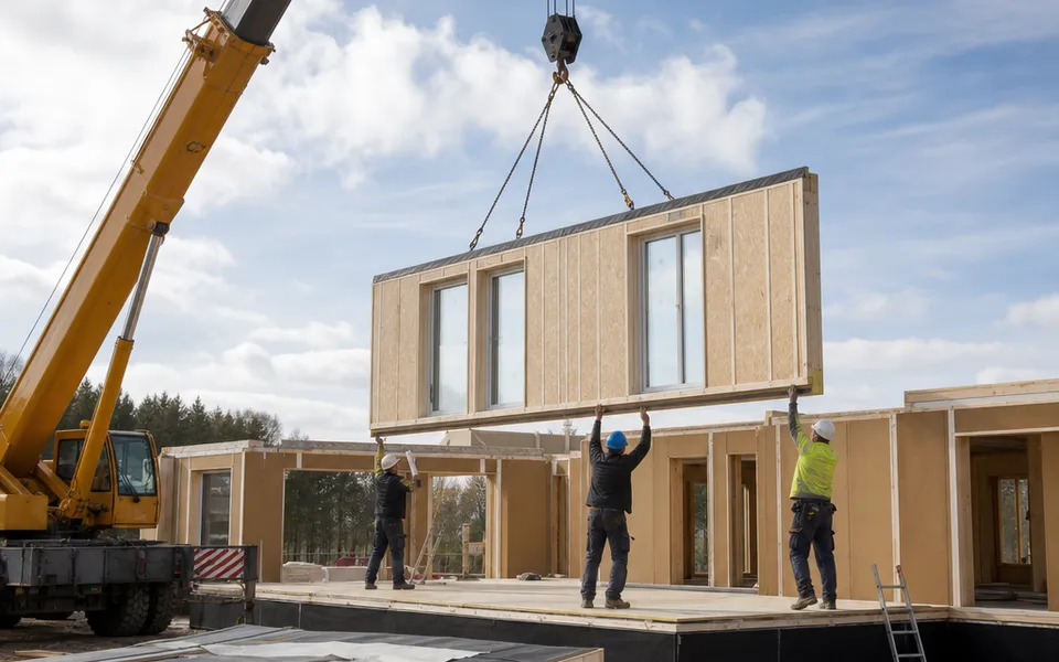 A mobile crane sets a prefabricated wall element onto the shell while fitters align it – prefabricated house assembly in a few days 2026
