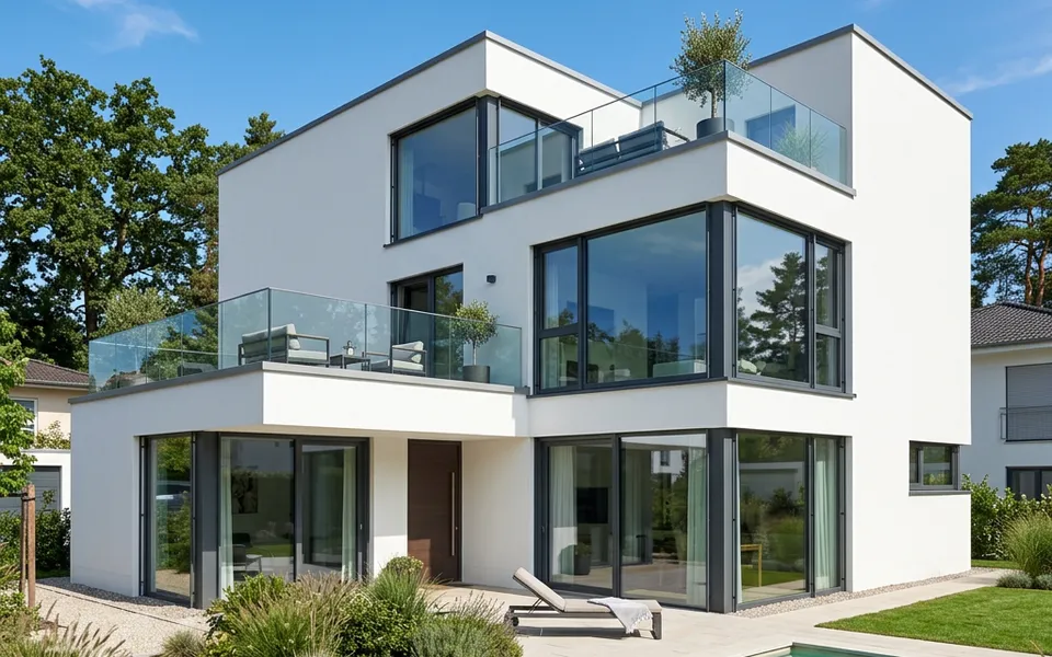 White cubic flat-roof house in the Bauhaus style with a roof terrace and floor-to-ceiling windows – building modern 2026 White cubic flat-roof house in the Bauhaus style with a roof terrace and floor-to-ceiling windows – building modern 2026