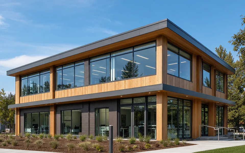 Two-storey office building in timber-hybrid construction with a facade of wood and glass – commercial construction at a fixed price 2026