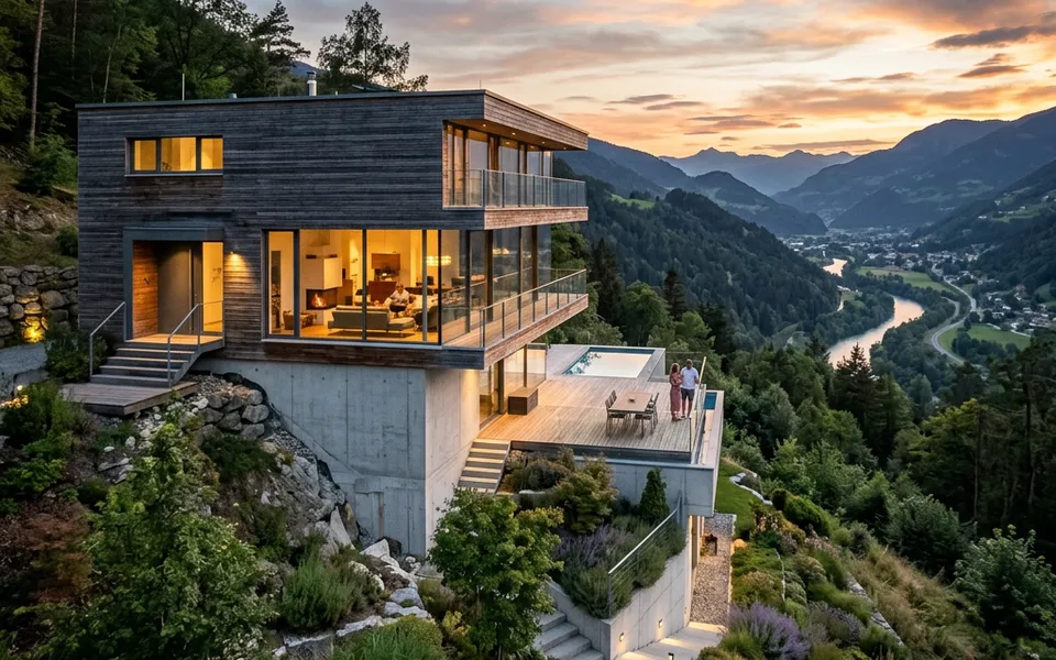 Modern hillside house in split-level construction with a glass front and a view into the valley – building a house on a slope 2026 Modern hillside house in split-level construction with a glass front and a view into the valley – building a house on a slope 2026